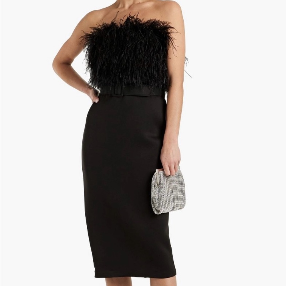 NWT Badgley Mischka Strapless Ostrich Feather-Embellished Scuba Midi Dress